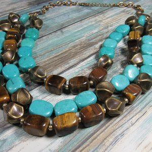 Three Strand Turquoise And Brown Bead Necklace